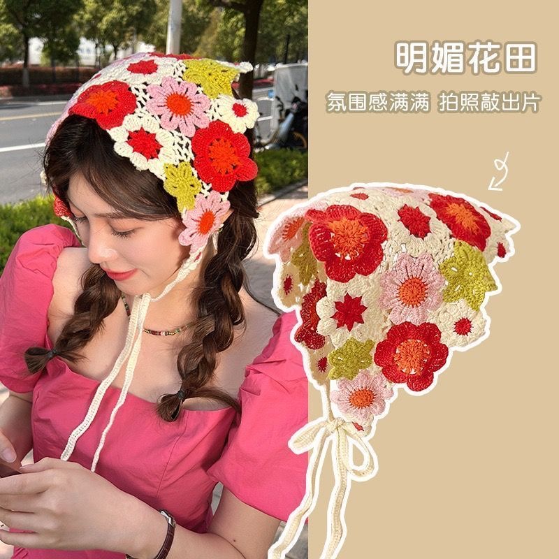 Headband Summer Knit - 2026年韓国夏の甘い女の子の手作りかぎ針編み中空三角ヘッドバンドタオル女性旅行文学写真ヘアスカーフ