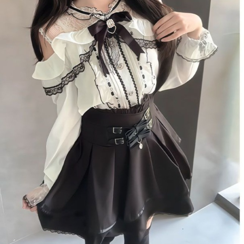 Blouse Off Shoulder - 日本のゴシックY2Kロリータスタイルセット 女性用スイートレースオフショルダーフリル長袖ボウシャツハイウエストスリムミニスカートスーツ