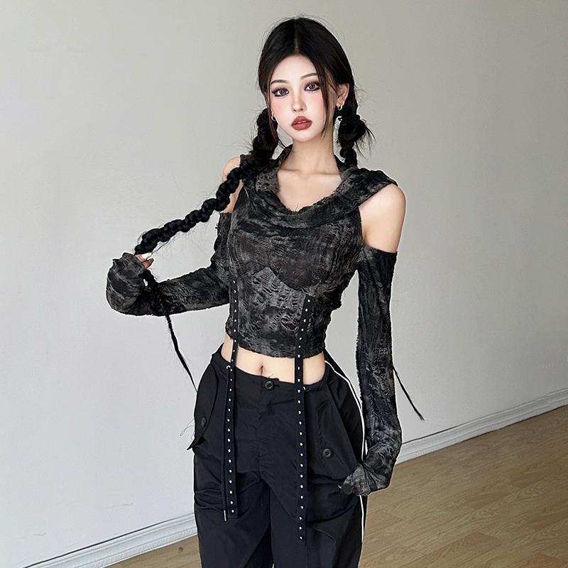 Blouse Off Shoulder - オフショルダーのパーカー、長袖Tシャツ、レディース、ブラック、カジュアル、スリムフィット、ストリートウェア、Y2K、原宿風、秋・冬用ブラウス。