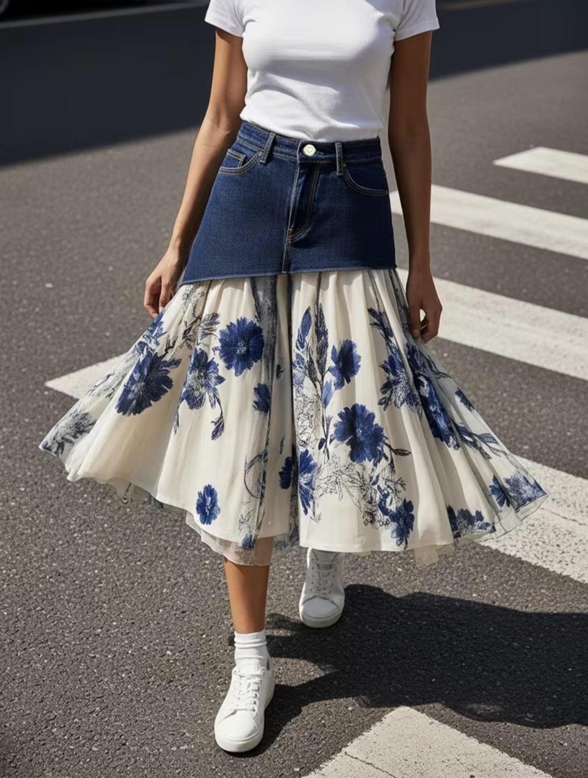 Midi Skirt Floral - プラスサイズ女性向け、ハイウエスト、デニムパッチワーク、ブルーの花柄プリント、チュール素材のミディスカート。不規則なデザインで、ゆったりとしたAラインのシルエット。