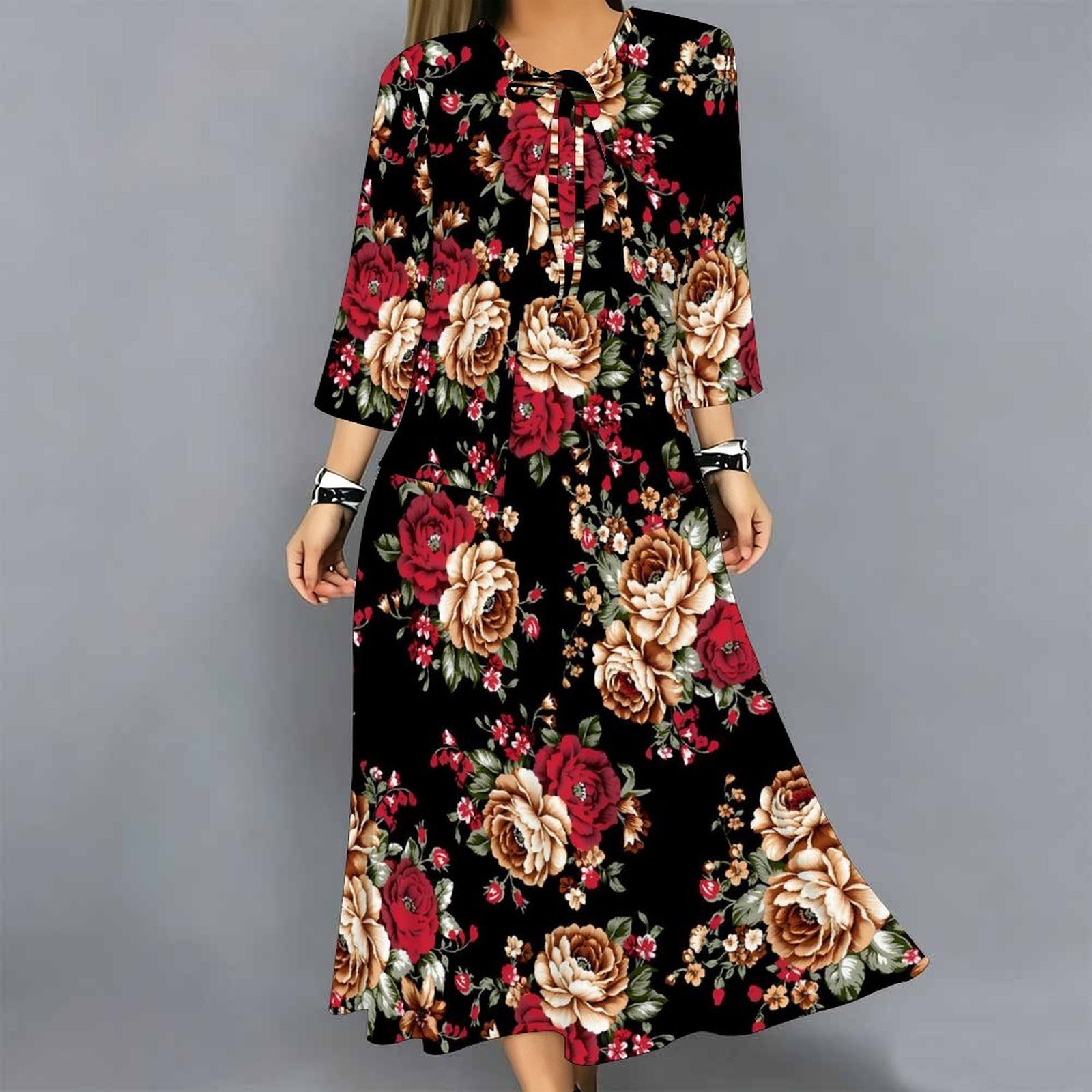 レディース2ピースドレスセット プリント 3/4袖カーディガ - Midi Skirt Floral のレビューと価格