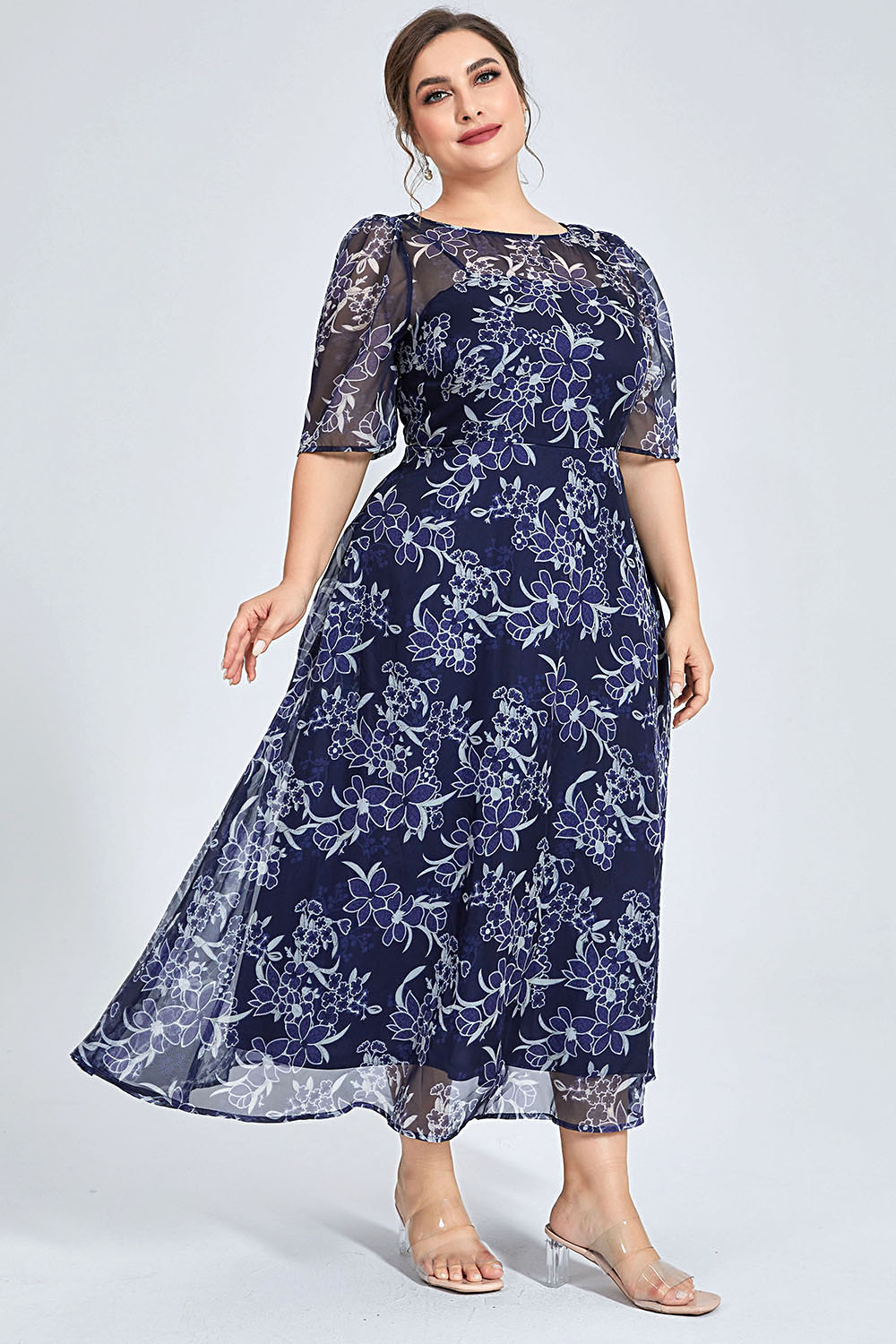プラスサイズ ネイビー 花柄 シフォン ミディ丈ワンピース  - Midi Skirt Floral のレビューと価格