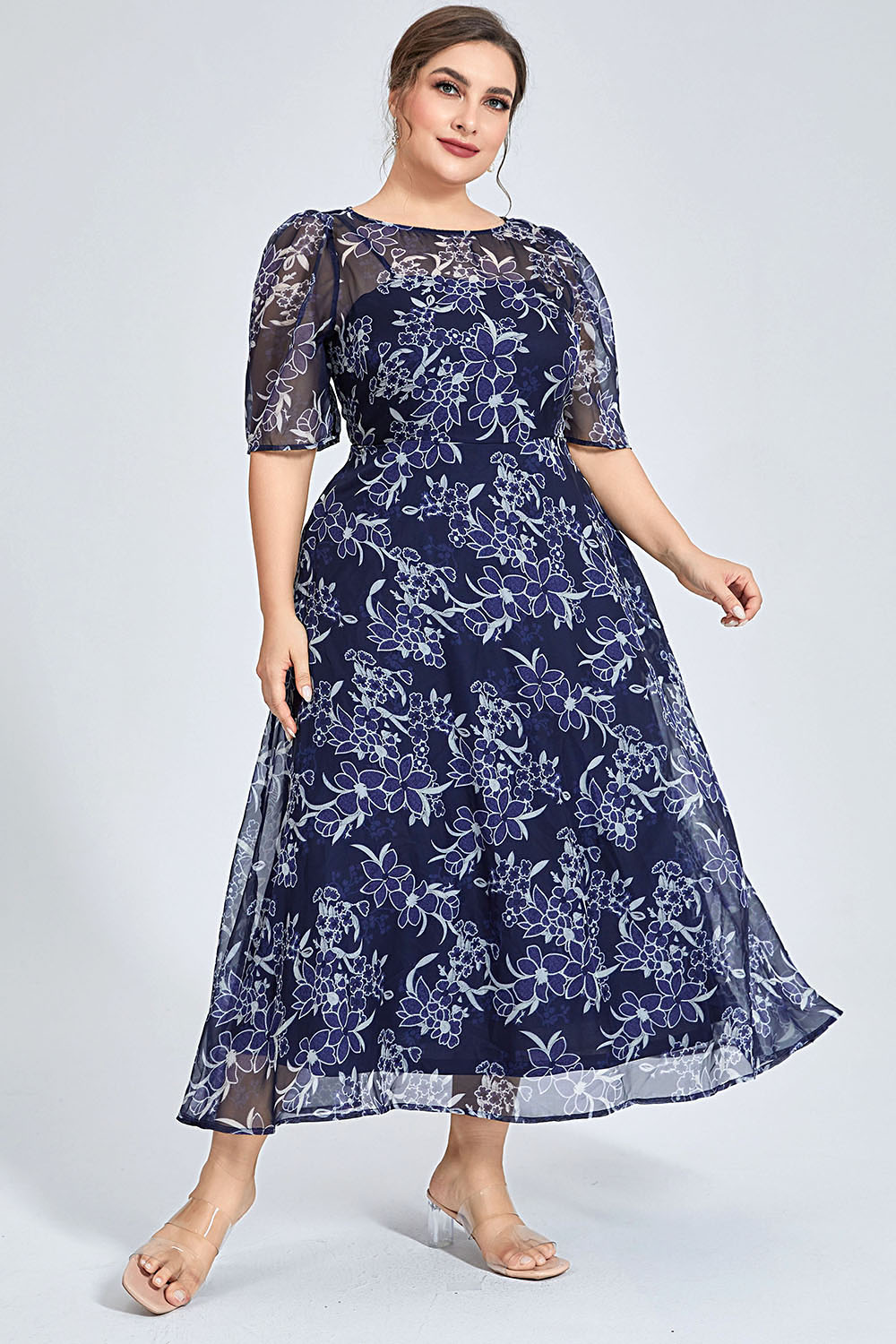 プラスサイズ ネイビー 花柄 シフォン ミディ丈ワンピース  - Midi Skirt Floral のレビューと価格
